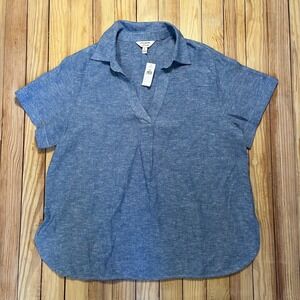 NWT Banana Republic Linen Blend V Neck Short Sleeve Top Blue Polo Collared Top